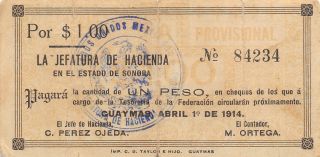 México / Sonora 1 Pesos 4.  1.  1914 M 3908b Series A Circulated Banknote