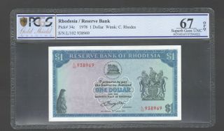 1978 Rhodesia $1 One Dollar L102 Prefix Graded Pmg 67 Epq P34c - Gem Unc