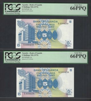 Uganda 2 Notes 5 Shillings Nd (1979) P10 Uncirculated Graded 66