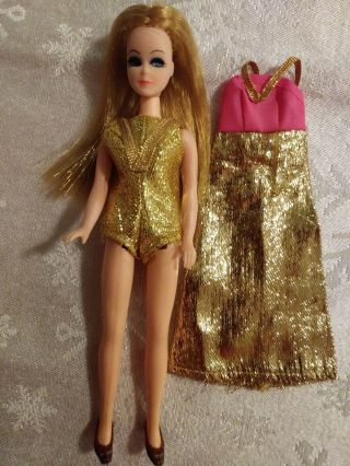 Beauty Pageant Hard Legged Topper Dawn Doll W/ Gold Swimsuit,  Shoes,  Dress Shop