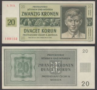 Bohemia & Moravia 20 Korun 1944 (xf) Banknote P - 9a Not Perforated