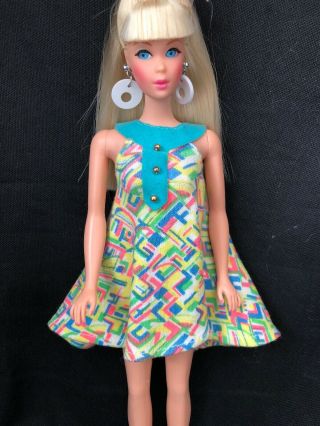 Vintage Barbie Clone Clothes Outfit Mod Era Turquoise Multi Color Swing Dress