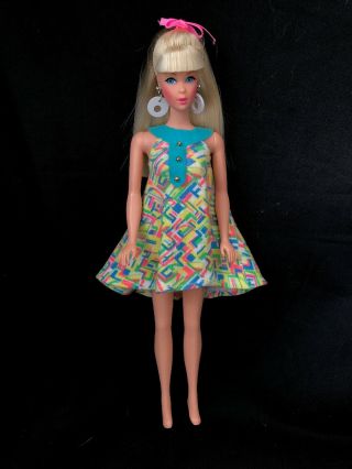 Vintage Barbie Clone Clothes Outfit MOD ERA Turquoise Multi Color Swing DRESS 3