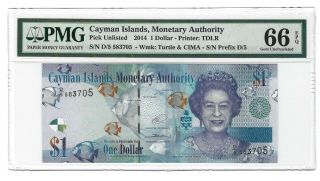 2014 Cayman Islands $1 Dollar,  Pmg 66 Epq Gem Unc,  Sig & Date,  D/5 Prefix