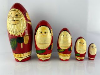 Red Vintage Santa Christmas Matryoshka Nesting Doll Wooden Russian Set Of 5