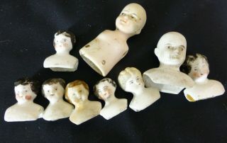 9 Small Antique Bisque & China Doll Heads,  Small Old Doll Heads,  Vintage Dolls