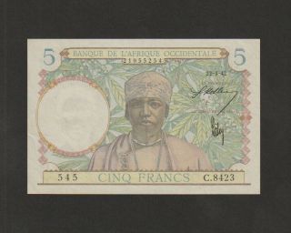 French West Africa,  5 Francs Banknote,  22 - 4 - 1942,  About Uncirculated Cat 42