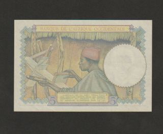 French West Africa,  5 Francs Banknote,  22 - 4 - 1942,  About Uncirculated Cat 42 2