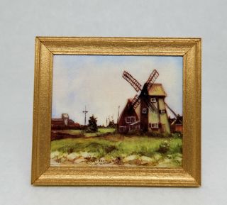 Vintage Framed N.  A.  M.  E.  Windmill Painting Dollhouse Miniature 1:12