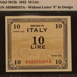 Italy 10 Lire 1943 P M13b Banknote PMG 58 EPQ - Choice About Unc 3