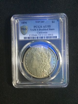 1896 P PCGS AU 55 3911 Morgan Silver Dollar Gold Shield Extremely Toning 2