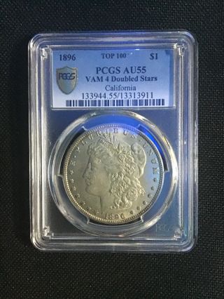 1896 P PCGS AU 55 3911 Morgan Silver Dollar Gold Shield Extremely Toning 3
