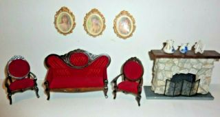 Victorian Red Velvet Wood Dollhouse Miniatures Couch Chairs Fireplace Pictures,