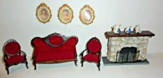 Victorian Red Velvet Wood Dollhouse Miniatures Couch Chairs Fireplace Pictures, 2