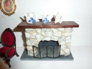 Victorian Red Velvet Wood Dollhouse Miniatures Couch Chairs Fireplace Pictures, 3