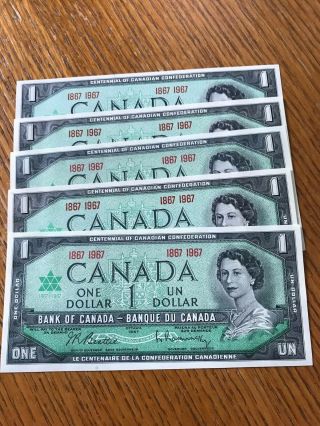 5 Canada 1867 1967 Canadian Centennial One 1 Dollar Bills Notes Crisp Unc