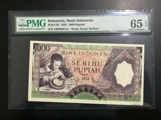 1958 Indonesia Bank Indonesia 1000 Rupiah Pick 62 Pmg 65 Epq