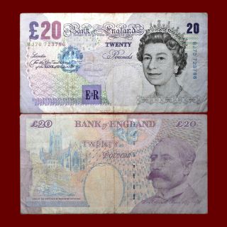 1999 20 Pounds Great Britain Banknote,  Sign Lowther,  Twenty Pounds Note,  Prefix Bj