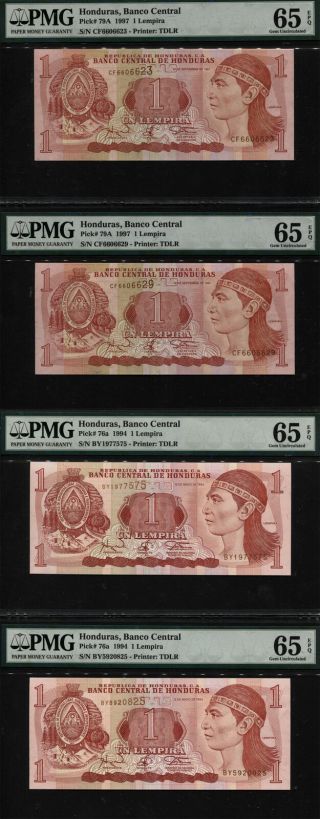 Tt Pk 79a & 76a 1994 & 1997 Honduras 1 Lempira Pmg 65q Gem Unc Set Of 4 Notes