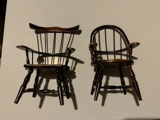 (2) Different Vintage Windsor Style Wood Doll Chairs With Arms 9”