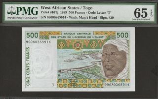 Pmg - 65 Epq Gem Unc West African States " T " 500 Francs 1999 P - 810tj Togo