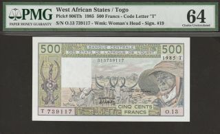 Pmg - 64 Ch Unc West African States " T " 500 Francs 1985 Togo P - 806th