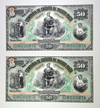 Dominican Rep.  Banco De La Comp De Cred De P.  P 1880s 50 Ps Reprint Proof 1994 X2