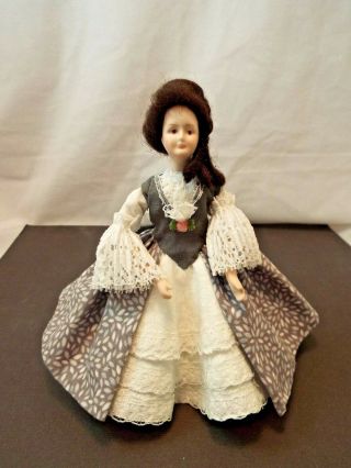 Dollhouse Miniature Vtg Porcelain Victorian Artisan Doll Dove Grey & Wht Dress