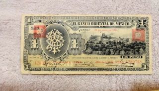 Mexican Revolution - El Banco Oriental De Mexico,  1 Peso,  1914,