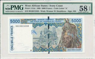 Banque Centrale Ivory Coast 5000 Francs 1999 Pmg 58epq