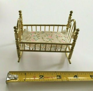 Vintage Miniature Dollhouse Brass Rocking Crib With Floral Bedding Concord W/box