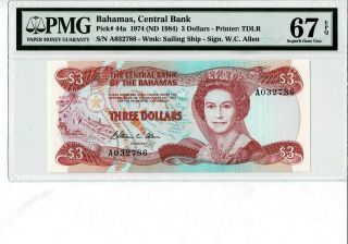 Bahamas P 44a 1974 3 Dollars Prefix A Pmg 67 Epq Gem Unc