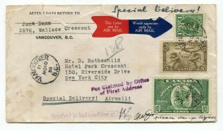 Canada Bc Vancouver 1939 Airmail Special Delivery To Usa Officially Label