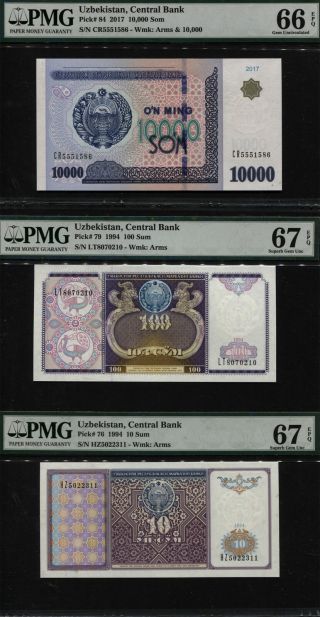 Tt Pk 84,  79,  & 76 Uzbekistan 10,  100,  & 10000 Sum Pmg 66 Epq & 67 Epq Set Of 3