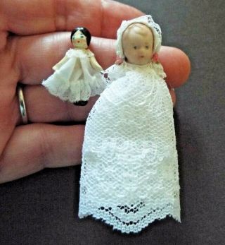 Miniature Vintage Porcelain 1 3/4 " Doll In Lace Gown And Polymer Clay 1 " Doll