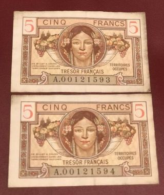 France French Running Pair 5 Franc TrÉsor Central 1947 In Collectible