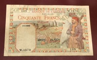 Algeria Algerie Tunisia Tunisie 50 Francs 1945 French Colony Prefix W Rare