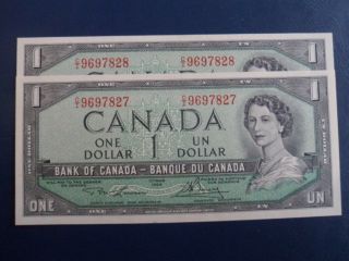1954 Canada 1 Dollar Bank Note - 2 Consecutive - Lawson/bouey - Unc Cond - - 19 - 736