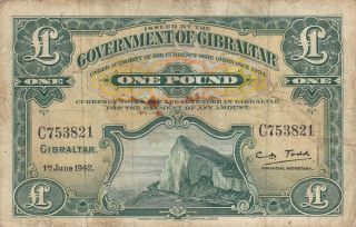 1 Pound Vg - Fine - Banknote British Colony Of Gibraltar 1942 / Pick - 15a