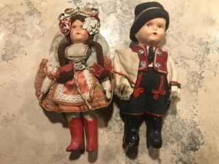 Vintage Antique Czech Or Hungarian Folk Art Cloth Dolls,  Papier - Mache Head