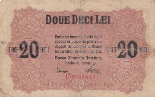 20 Lei Vg Banknote From German Occupied Romania 1917 Pick - M6