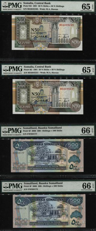 Tt Somaliland Diverse Medley Of Notes From Series 1991 - 2006 Pmg 66 Epq Set Of 4