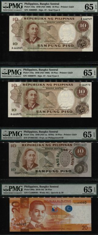 Tt Philippines Diverse Medley Of Notes From Series 1949 - 2016 Pmg 65q Set Of 4