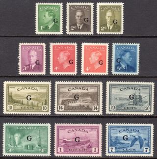 Canada 1950 - 52 Kgvi Official " G " Overprint Set M,  Sg O178 - O190 Cat £200