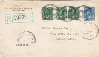Canada 1922 Double Rate Registered Cover Winnipeg To Calgary 15c Rate