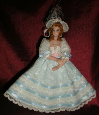 Artisan Vtg Miniature Dollhouse Victorian Doll Blue & White Lace Dress Handmade