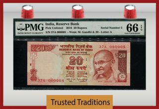 Tt Pk Unl 2016 India 20 Rupees Gandhi Exotic Low S/n 000005 Pmg 66 Epq 5 Of 10