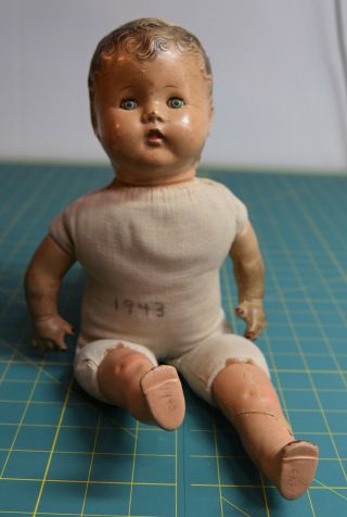 Antique Vintage Composition Baby Doll 1943 Cloth Body Scary Creepy Old Doll