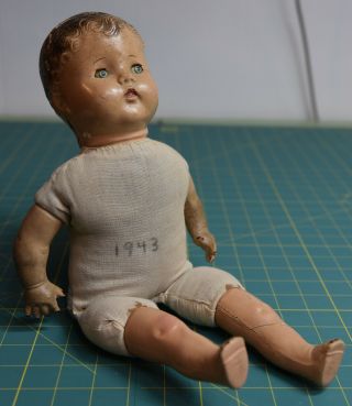 Antique Vintage Composition Baby Doll 1943 Cloth Body Scary Creepy old doll 2