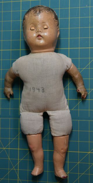 Antique Vintage Composition Baby Doll 1943 Cloth Body Scary Creepy old doll 3